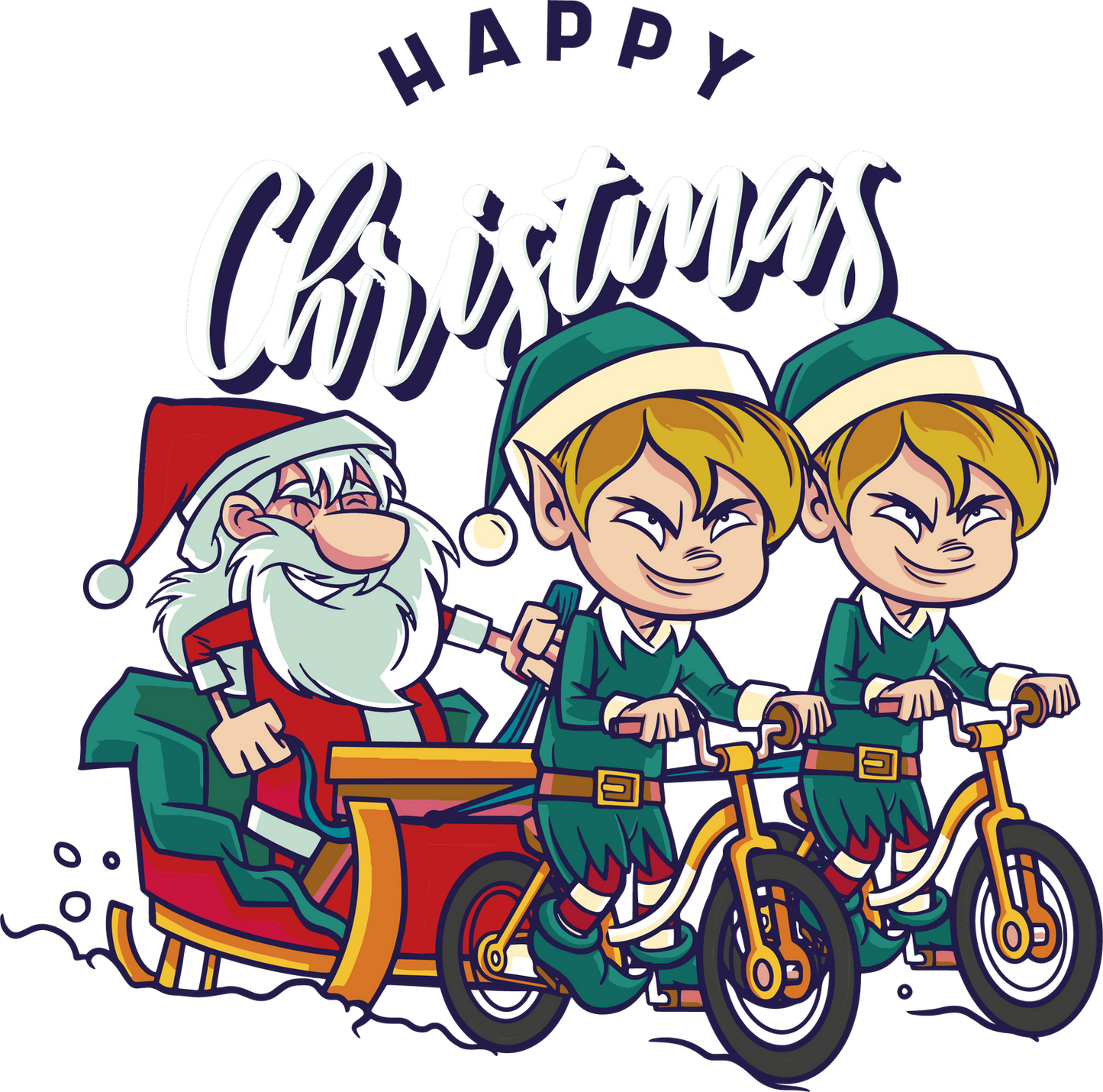 Cartoon illustration of Santa Claus in a red sleigh being pulled by two elves on yellow bicycles. The elves have mischievous smiles. Above them, the text 'HAPPY Christmas' is written in a playful font. The scene shows snow being kicked up by the bikes.