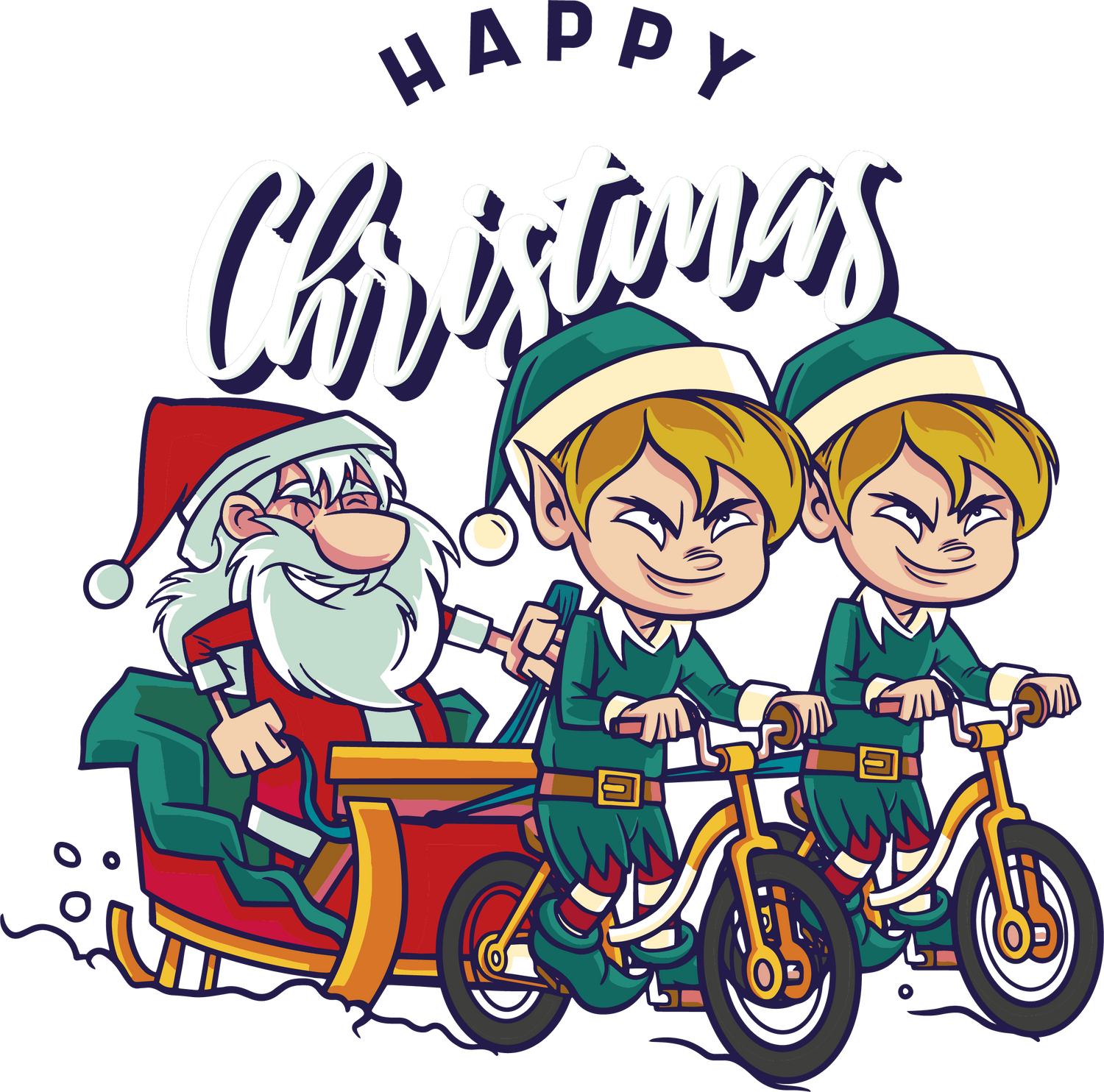Cartoon illustration of Santa Claus in a red sleigh being pulled by two elves on yellow bicycles. The elves have mischievous smiles. Above them, the text 'HAPPY Christmas' is written in a playful font. The scene shows snow being kicked up by the bikes.