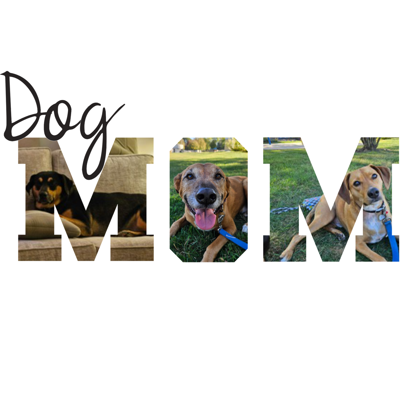 A unique art print design for 'Dog MOM' featuring a script 'Dog' and the word 'MOM' constructed from three photo cutouts of different dogs: a black and tan dog resting on a couch, a happy brown dog with its tongue out lying on green grass, and a light brown dog tilting its head while lying on grass.